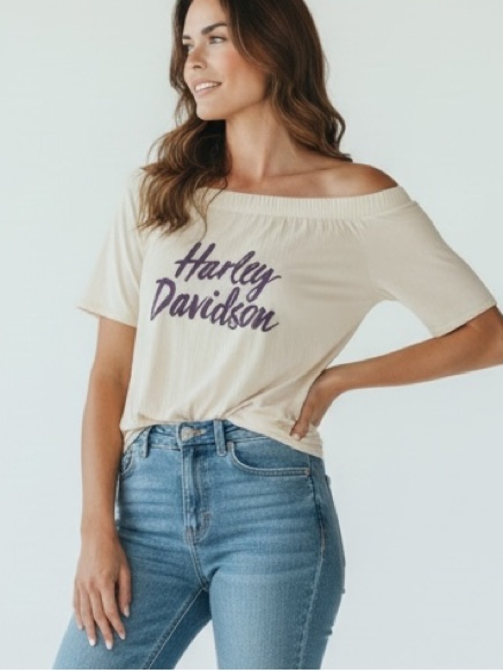 Harley-Davidson Cream Off-Shoulder Tee with Purple Logo